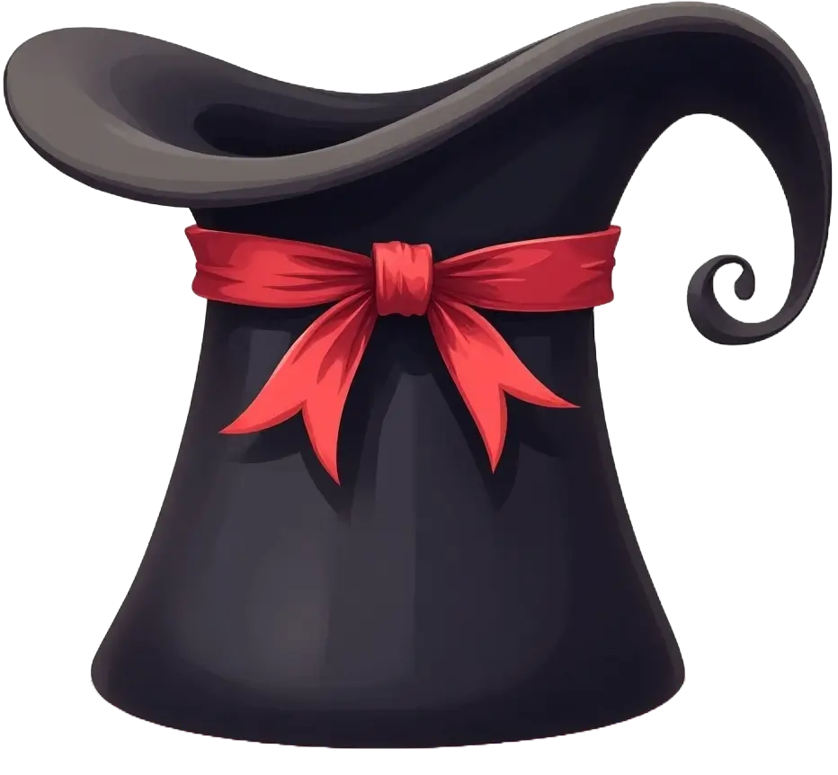 Ilustracja przedstawiająca animowany czarny kapelusz z czerwoną wstążką