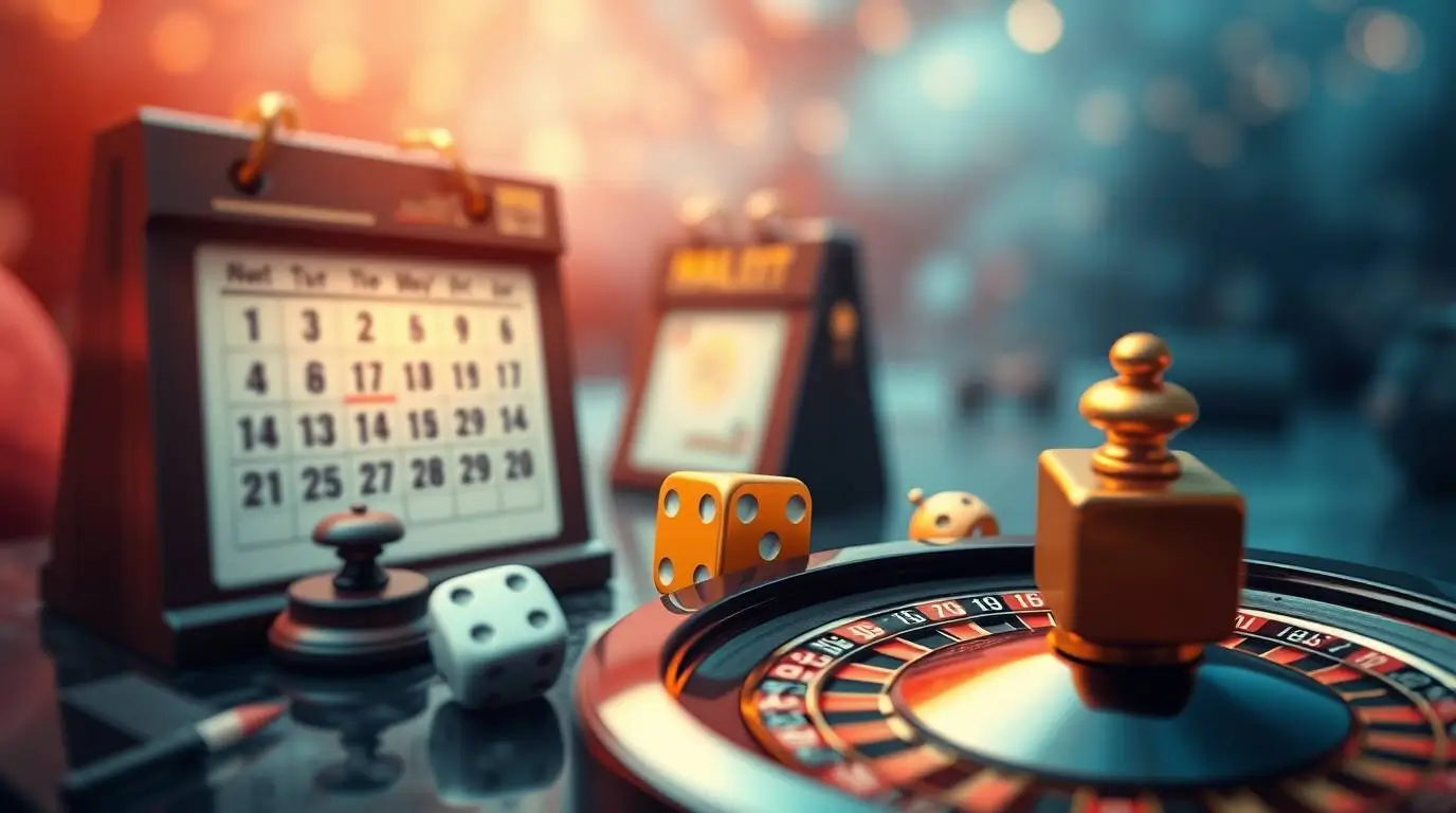 Obraz animowanego kalendarza ze złotymi kostkami i złotą ruletką w pobliżu
